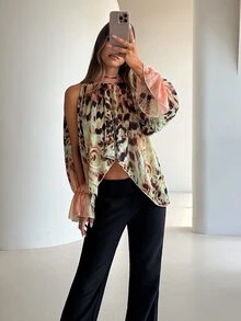 Aloruh 波西米亞風立領繫帶長袖喇叭袖不對稱下擺雪紡印花女式襯衫 - 彩色 - 查看 6
