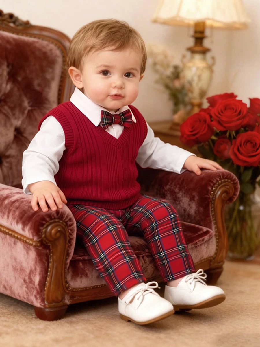 SHEIN Baby Boy Bowknot Decor Shirt, Ribbed Vest Jacket And Plaid Pants Set - Red - View 1