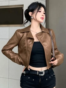 DAZY 女款棕色寬鬆休閒短款PU夾克，Y2K街頭風，適合秋冬派對與音樂節 - 棕色 - 查看 3