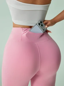 Sovereign Charm Sovereign Charm Women's Pink Straight Leg High Waist Tummy Control Leggings With Pockets, Tight Fit, Suitable For Autumn/Winter, Yoga, Running, Gym, Commuting - Pink - View 3