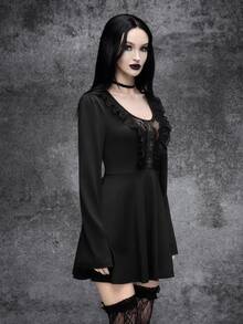 Cryptelle Women's Gothic Style Ruffle Lace Patchwork Lace-Up Mini Short Dress Autumn/Winter Black Halloween Outfit Party Nightout - Black - View 6