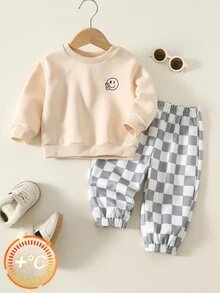 SHEIN 中性嬰兒男/女童 幼兒 2件組 秋冬保暖內裡加厚休閒可愛運動衫套裝 嬰兒冬季穿搭街頭風運動服 Jogger - 杏色 - 查看 5