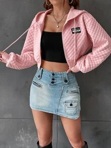 SHEIN EZwear 字母圖案落肩抽繩短版連帽衛衣，秋冬長袖上衣 - 粉色 - 查看 5