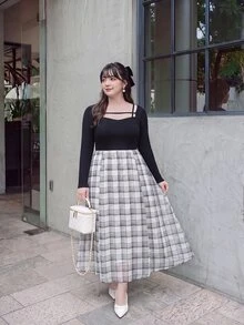 Bijouette Plus Size Cut Out Sweetheart Neck Rib Knit Plaid 2 In 1 Midi Dress,Afternoon Tea,Girls' Gathering,Cafe Ladylike,Brunch - Black - View 7