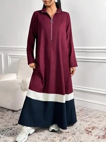 Veilorie Gaun Pesta Kasual Wanita Motif Blok Warna Gaya Arab - MultiWarna - View 3