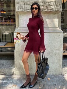 Aloruh 女款優雅高領深棕色蕾絲拼接短款針織洋裝，冬季女裝，秋季洋裝，冬季女款毛衣 - 酒紅色 - 查看 6