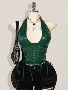 SHEIN ICON 大尺碼女款 PU 皮革掛脖式金屬孔綁帶束腰上衣，Y2K 哥德風棕色夏季夜店聚會人造皮革 V 領繫帶背心 - 墨綠色 - 查看 1