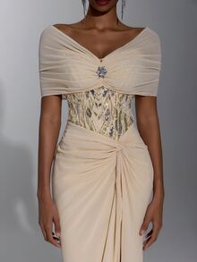 Elitara Elegant Luxury Beaded Chiffon Evening Gown With Off-Shoulder Corset Bodice And Twisted Ruched Slit Mermaid Skirt Design, Suitable For Weddings Or Formal Parties - Apricot - View 2
