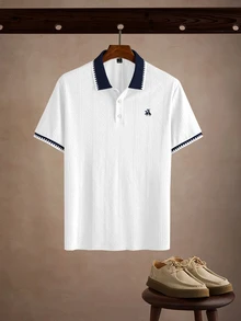 Manfinity Homme 男士時尚休閒通勤短袖 Polo 衫，男士針織提花上衣，男士圖案短袖 Polo 衫，復古風格，老錢風，適合日常休閒、週末旅行，可作為男友/丈夫禮物，派對、夏季度假、海灘穿著、夏威夷婚禮及春夏穿著 - 白色 - 查看 6