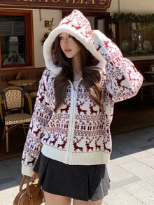 DAZY Women's All-Over Print Casual Versatile Daily Wear Hooded Cardigan - Beige - View 10