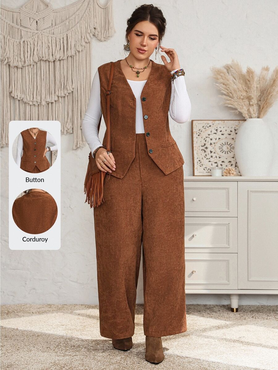 EMERY ROSE Plus Size Brown Textured Button Front V Neck Long Sleeve Two Pieces Set Elegant Formal Fall Winter 2026 - Brown - View 1