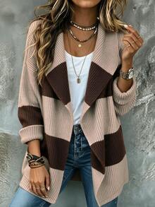 SHEIN 女款拼色休閒日常開襟衫 - 棕色 - 查看 1