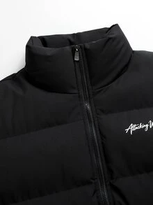 Manfinity Homme Casual Men's Black Stand Collar Quilted Winter Padded Coat, Loose Fit Letter Print Outerwear, Suitable For Urban Daily Wear And Weekend Outings - Black - View 6