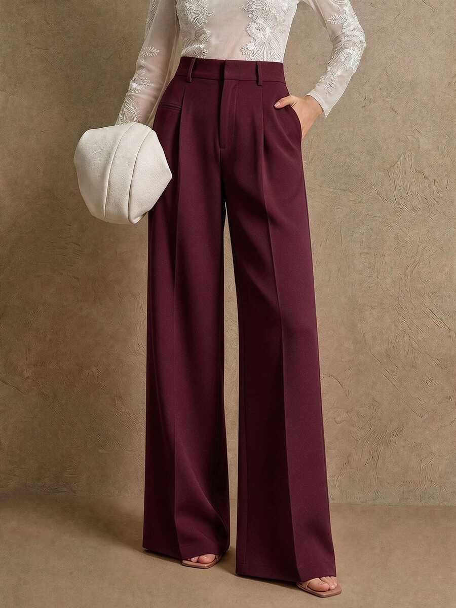 Anewsta Essential Women's Casual Commuter Minimalist Solid Color Seam Front Pocket Loose Wide Leg Suit Pants - Burgundy - View 1