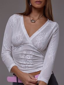 MUSERA White Lace V Neck 3/4 Sleeve Top Autumn Fall Winter Cute Everyday Office Corporate Romance - White - View 5