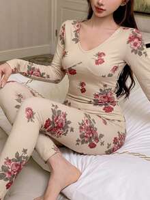 DAZY 花卉印花刷毛針織修身女款睡衣套裝，秋冬季服飾 - 卡其色 - 查看 6