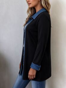 SHEIN LUNE American Vintage 2 In 1 Denim Patchwork Ribbed Long Shirt For Women, Collared Contrast Color Vertical Stripe Mid-Length Jacket - Black - View 4
