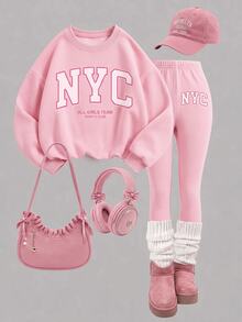 粉色極簡百搭 NYC 字母印花女童休閒抓絨圓領套頭衛衣與內搭褲 2 件套，新款適合秋冬日常、外出、校園、運動，隨性時髦美式街頭甜酷風 - 白色 - 查看 4