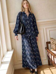 Écloséra Women's Spring/Autumn 2 Pieces Set, Loose Collar Printed Shirt With Layered Maxi Skirt, Vintage Bohemian Floral Print, Suitable For Daily Commute, Travel And Gatherings - Navy Blue - View 2