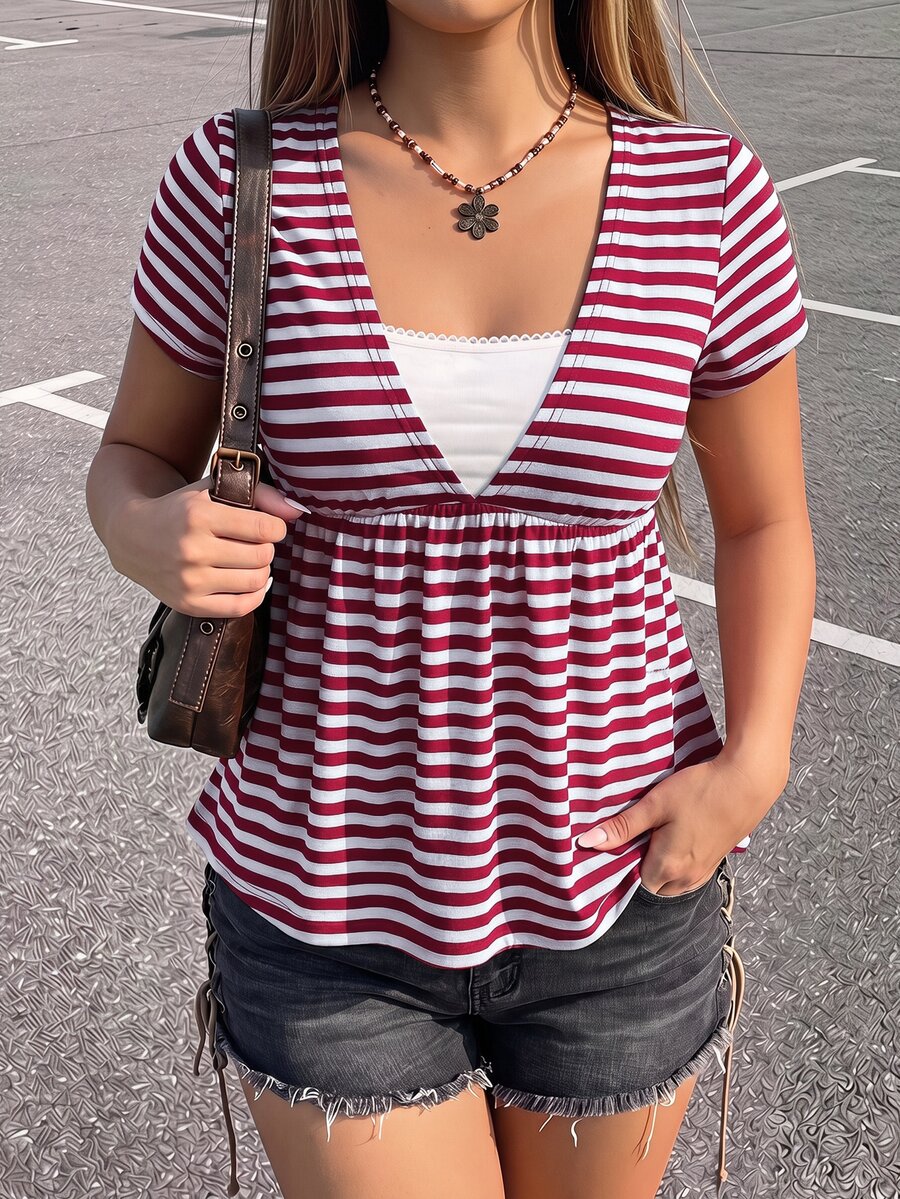 SHEIN ICON 女款大尺碼復古性感千禧風Y2K簡約休閒日常通勤街頭風黑灰條紋深V領二合一上衣 - 紅色 - 查看 1