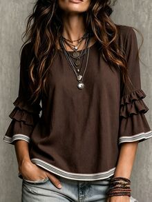 Glimmora Women's Summer Autumn New Contrast Color French Casual Loose Ruffle 3/4 Flare Sleeve Plus Size Blouse Fall - Brown - View 3