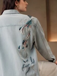 Anewsta Women's New Fashion Heavy Embroidery Hand-Sewn Beaded Tube Blue Oversized Top - Blue - View 3