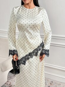 Veilorie Women's Polka Dot Pattern Contrast Lace Asymmetrical Hem Top And Skirt Arabic Costume Set - Apricot - View 4