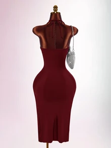 Amplova Women's Sexy Elegant Fishbone Drawstring Tie-Up Slit Dress - Burgundy - View 2