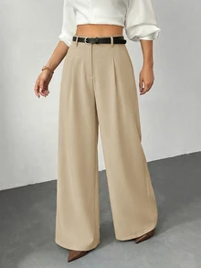 SHEIN PETITE 女款小碼黑色寬腿褲附腰帶，高腰優雅大方，適合職場、學校、辦公室、休閒通勤，秋季商務教師節褲裝 - 駝色 - 查看 1
