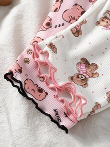 SHEIN 4件組青少年女孩柔軟舒適睡衣套裝，可愛粉色蝴蝶結與黑色波點愛心印花，長袖上衣與長褲，夏季穿著睡衣 - 彩色 - 查看 3