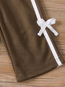 SHEIN 2pcs Baby Girls' Spring/Autumn Long Sleeve Sweatshirt And Pants Set With Bow Tie Knitted Fabric - Brown - View 7