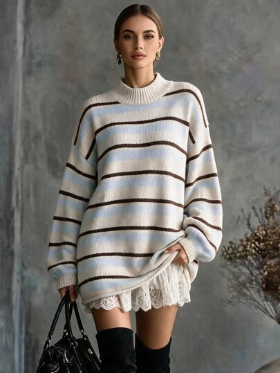 Trelyra Damen-Pullover mit langem Ärmel in lockerem Schnitt, hellgrau mit blau-schwarzen Kontraststreifen, Vintage-Stil, elegant und lässig, für Alltag, Pendeln, Urlaub und Party, für Frühling, Herbst und Winter