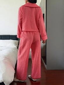 DAZY Women's Plaid Long Sleeve Single-Breasted Top And Pants Pajama Set - Pink - View 2