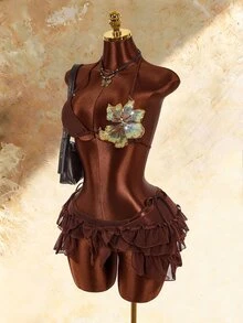 Amplova Women's 3 Pieces Swimwear Set With 3D Floral Butterfly Orchid Bra Cups, Solid Color Lining, Ruffle Hem Cover-Up And Front Center Knot - Brown - View 9