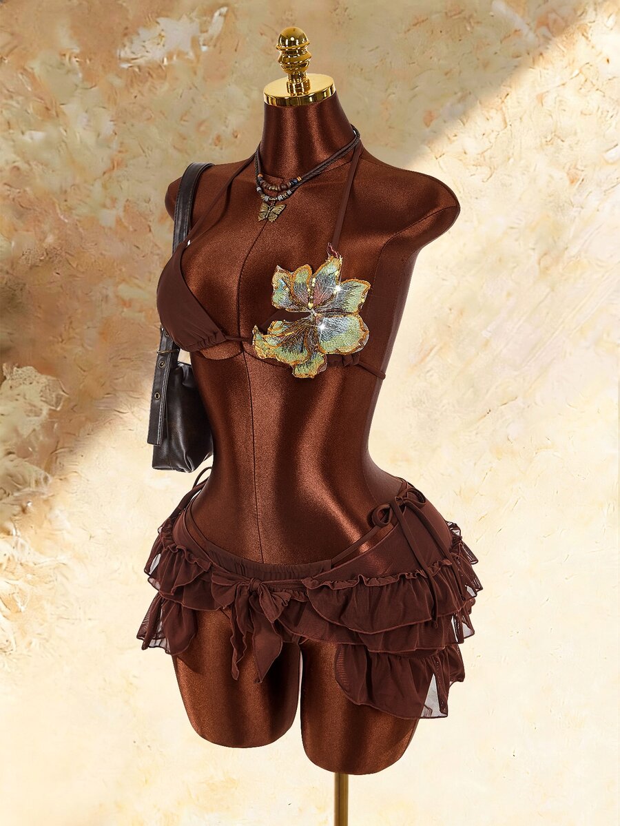 Amplova Women's 3 Pieces Swimwear Set With 3D Floral Butterfly Orchid Bra Cups, Solid Color Lining, Ruffle Hem Cover-Up And Front Center Knot - Brown - View 1