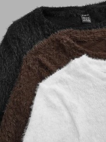 SHEIN EZwear 女款 3 件組圓領抓絨內裡加厚休閒修身長袖 T 恤，結合休閒、極簡、運動與街頭風，百搭單品，適合派對、機場穿搭與 Y2K 風格；棕色與藍色條紋學院風印花設計，時尚街頭穿搭與夏季造型 - 彩色 - 查看 9
