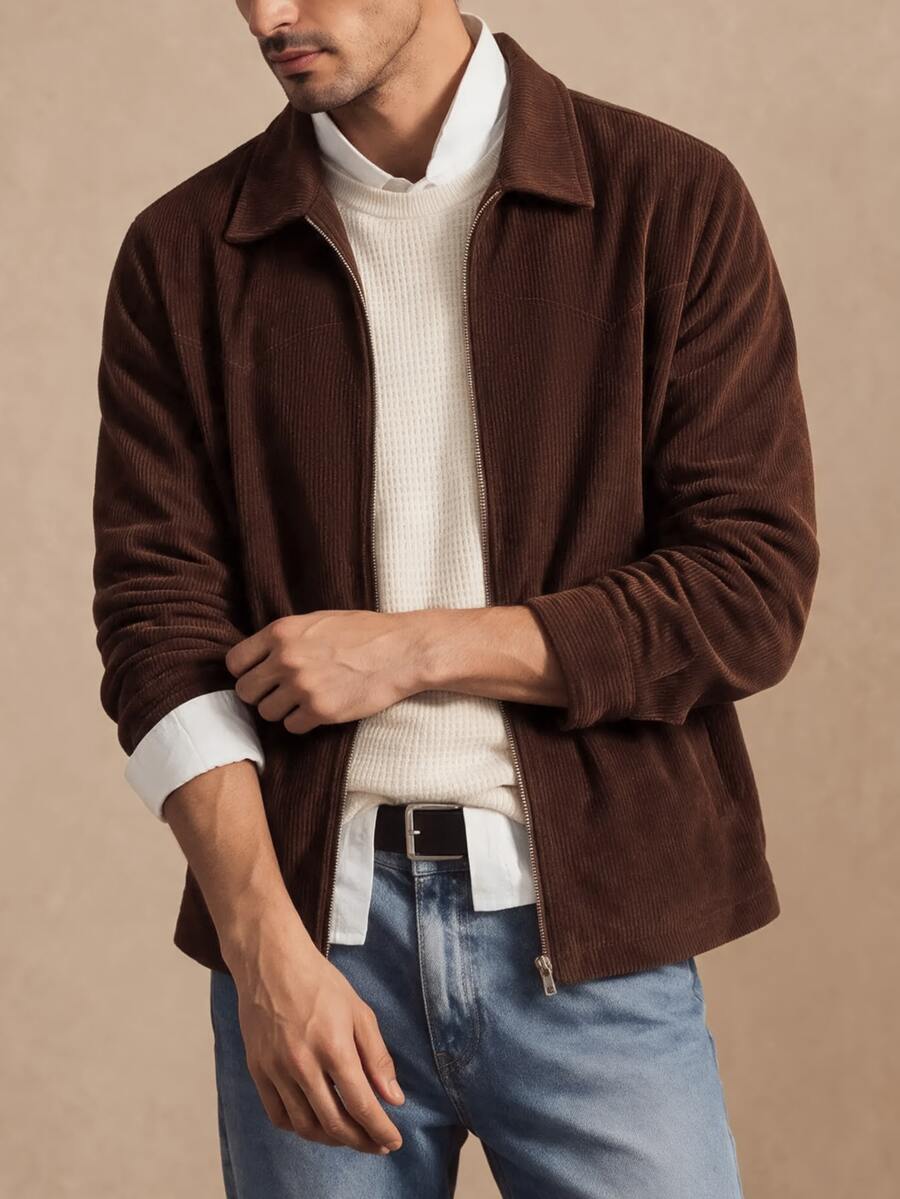 Core Aspect Men's Coffee Brown Corduroy Jacket, Minimalist Design Zipper Top, Casual Everyday Wear - Coffee Brown - View 1