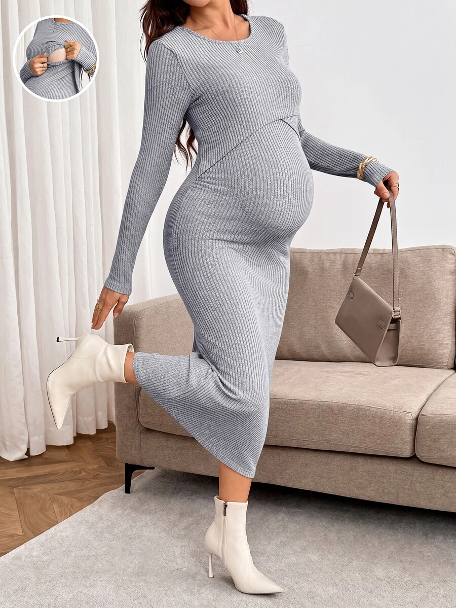 SHEIN 女款純色圓領哺乳功能休閒日常夏秋洋裝 - 綠色 - 查看 1