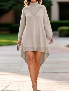 Wandoria Women's High Neck Solid Color Dropped Shoulder Long Sleeve High-Low Hem Knit Dress - Apricot - View 3