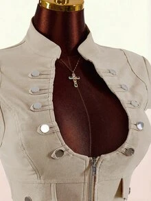 Amplova 女款 U 領性感前衛鈕扣細節套裝，適合日常穿著，做舊風格 - 杏色 - 查看 9
