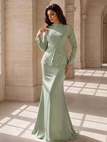 Coutiva Elegant Formal Romantic Lady Lace Long Sleeve Mermaid Dress Wedding Gala Dinner Sage Green - Green - View 4