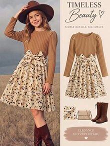 SHEIN Vintaside Kids 少女時尚圓領長袖拼接印花拼色洋裝，秋季洋裝，優雅、派對、日常、休閒、舒適 - 杏色 - 查看 3