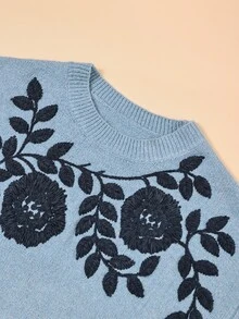 Poéselle 休閒優雅復古圓領長袖女款毛衣，秋季早午餐穿搭，白色花卉 - 霧霾藍 - 查看 8