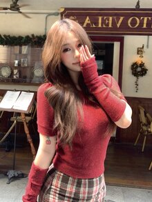 DAZY Autumn/Winter Red Crew Neck Fitted Short Sleeve Knit Sweater And Arm Warmers 2 Pieces Set, Casual Christmas Women's - Red - View 8