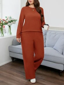 Easowa Curve 2件組大尺碼長袖上衣與迷彩印花長褲套裝，女款軍綠色秋季休閒日常穿著，迷彩兩件式居家套裝 - 酒紅色 - 查看 6