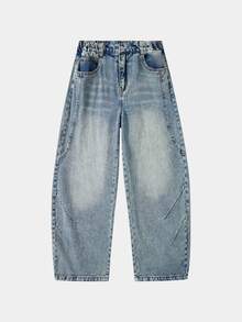 2026NewTween Boys All-Season American Vintage Personalized Frayed Hem High Street Embroidered Washed Soft Denim Loose Curved Leg Pants Versatile Daily - Medium Wash - View 5