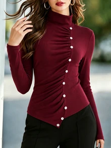 Trelyra Camiseta de cuello alto sólido con botones delanteros, cintura fruncida y ajuste ceñido - Burdeos - Ver 5