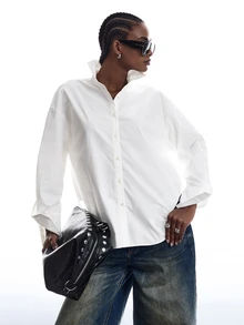 LYSMO Solid Drop Shoulder Oversize Button Front Shirt - White - View 1