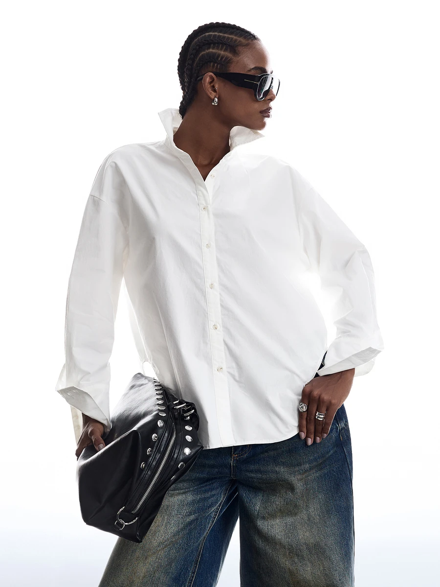 LYSMO Solid Drop Shoulder Oversize Button Front Shirt - White - View 1