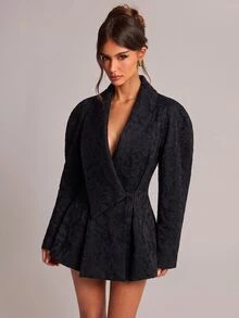 SHEIN BAE 女款披肩領提花優雅西裝外套 - 黑色 - 查看 6